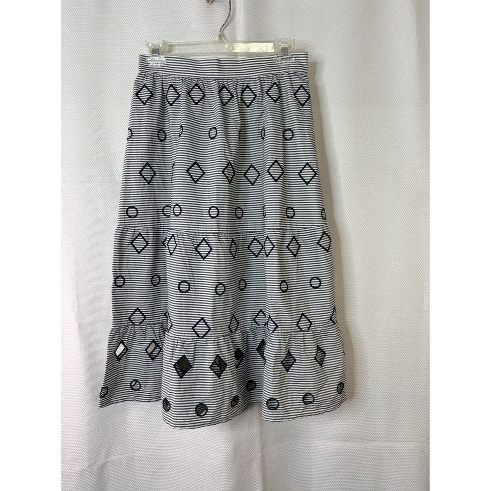 Madewell Striped Tiered Midi Skirt Navy White Embroidered Eyelet